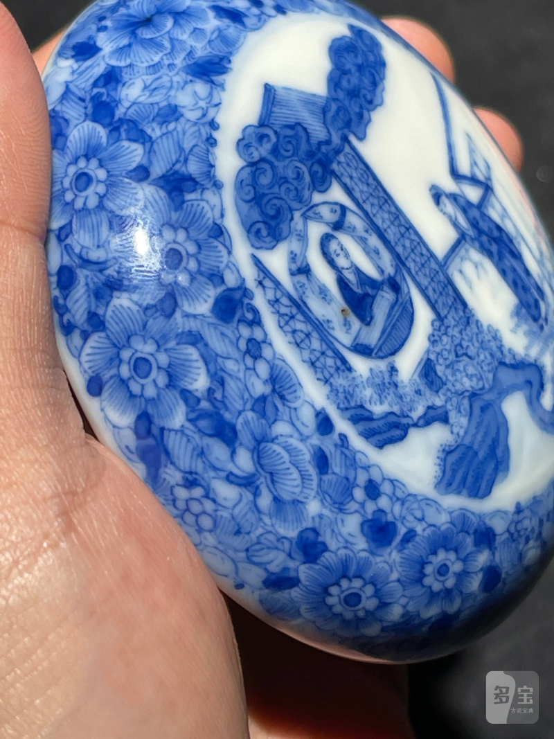 民国 青花花卉开光人物纹印盒 - 图7